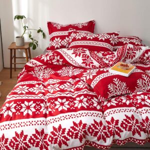 Christmas Duvet Cover Set Queen Size, Red and White Snowflake Xmas Holiday Pattern Design, Soft Microfiber Duvet Cover with Zipper Closure, Includes 1 Duvet Cover and 2 Pillow Shams