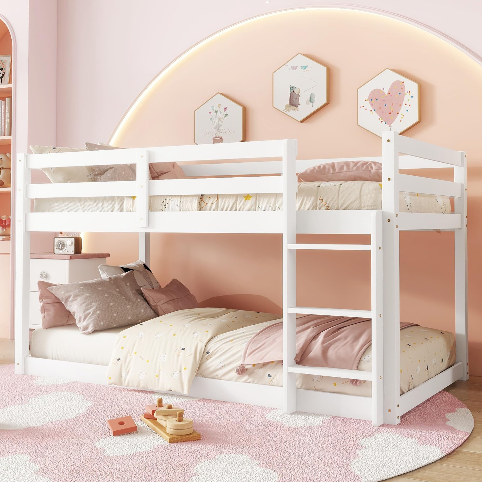 Bunk Bed Twin Over Twin, Floor Bunk Bed with Ladder, Solid Rubber Wooden Low Twin Bunk Beds for Kids Teens , Ideal for Multiple-Child Family, Apartment, Dormitory, No Box Spring Needed,White