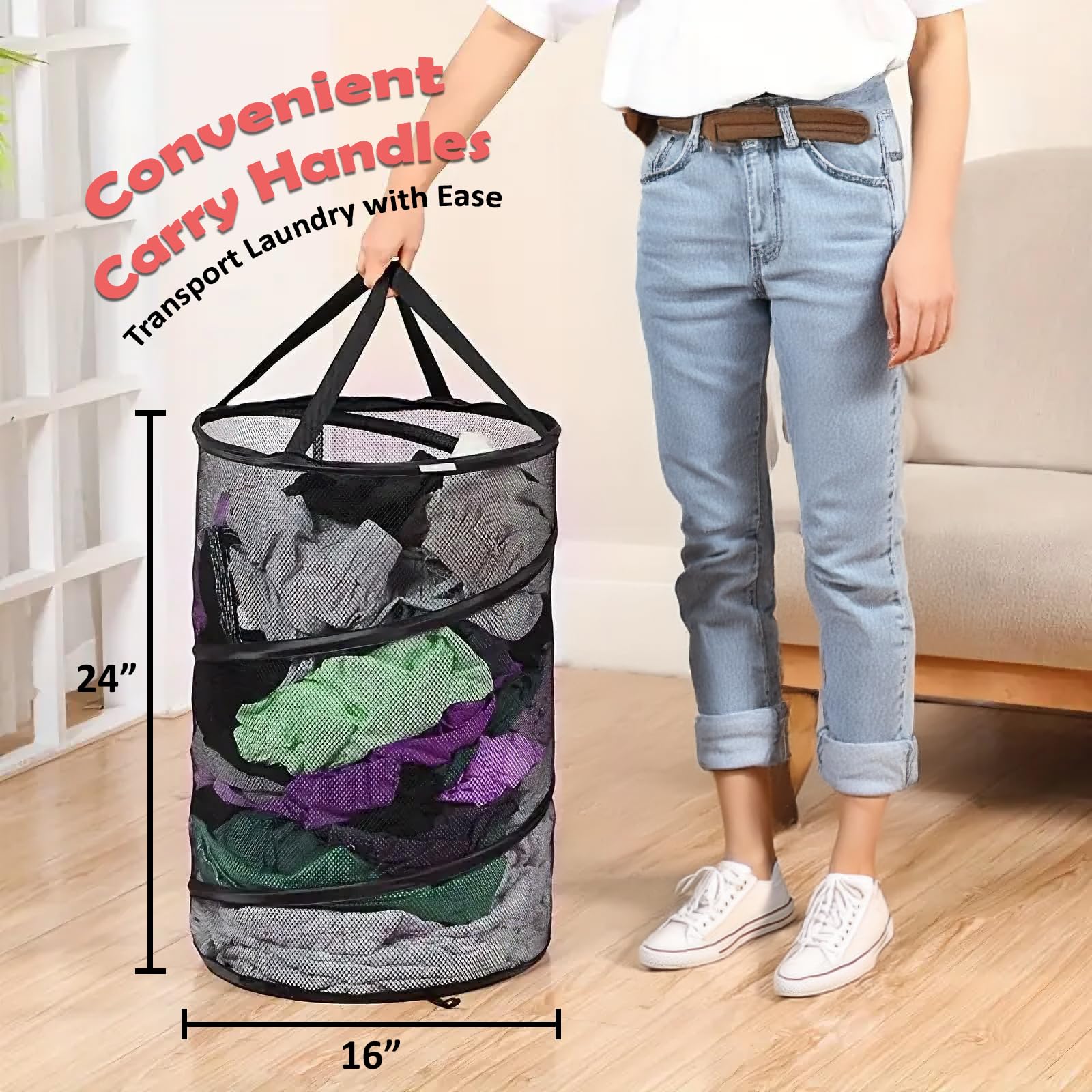 Pop Up Hamper for Laundry Mesh Collapsible Laundry Basket | Large Clothes Hamper - Black (Pack of 2)