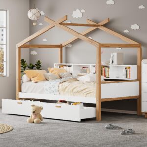 Merax Kids House Beds with Drawers & Shelves,Full Wood Storage Low Bed Frames for Boys,Girls, No Box Spring Need/Easy Assemble(Full,White)