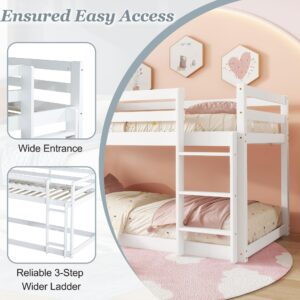 Bunk Bed Twin Over Twin, Floor Bunk Bed with Ladder, Solid Rubber Wooden Low Twin Bunk Beds for Kids Teens , Ideal for Multiple-Child Family, Apartment, Dormitory, No Box Spring Needed,White