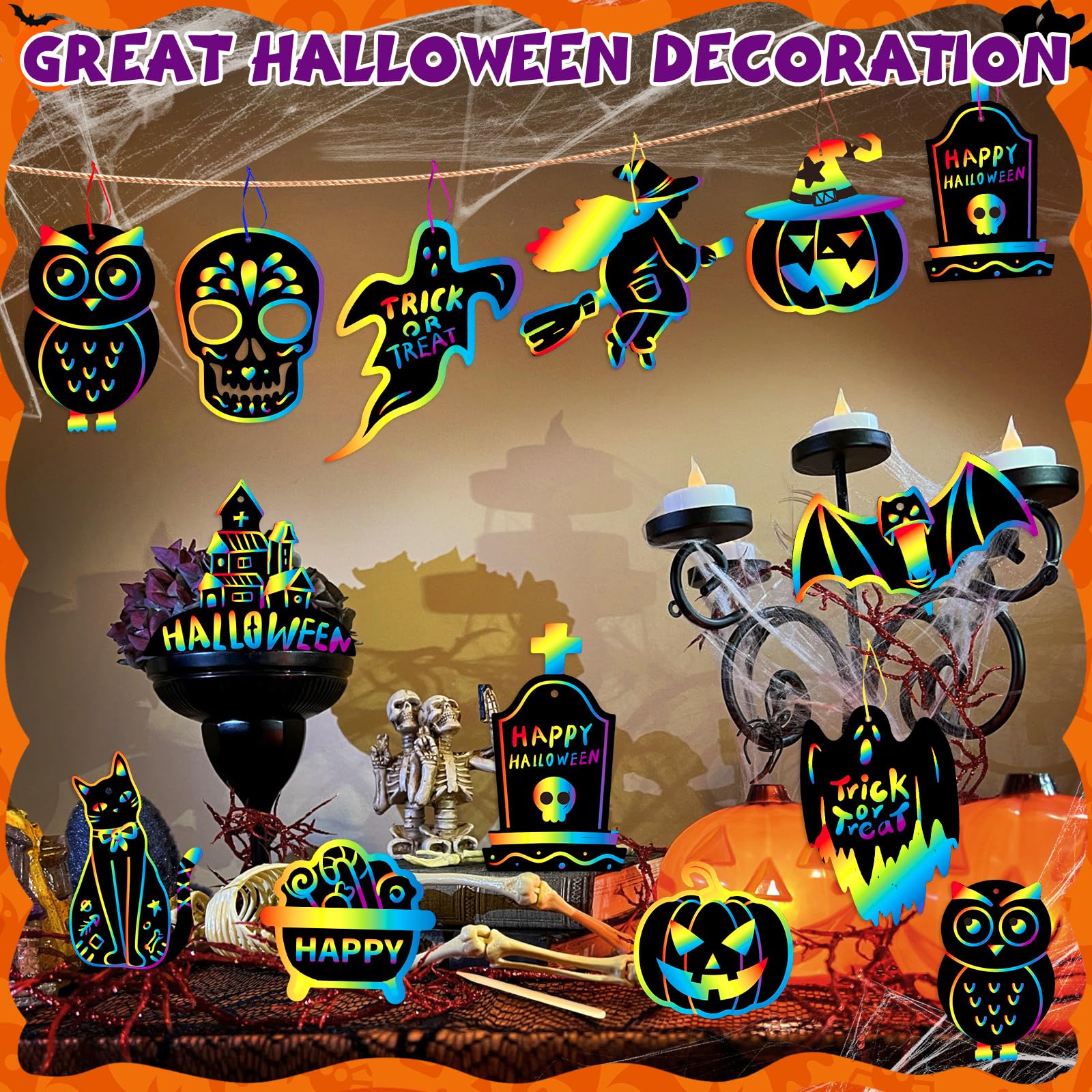 YEGEER 48PCS Halloween Craft Kit for Kids, Magic Scratch Off Paper Hanging Halloween Ornaments Set with 24pcs Wooden Stylus 48pcs Cords for Halloween Games, Halloween Party Favors, Art Craft Supplies