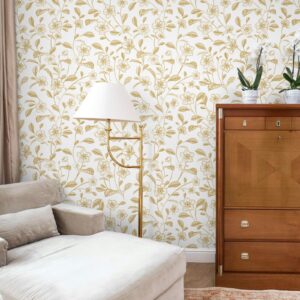 Heroad Brand Floral Peel and Stick Wallpaper Boho Contact Paper White and Gold Leaf Wallpaper Clearance Peel and Stick Wallpaper for Cabinets Shelf Liner Vinyl Roll Self Adhesive 78.7"x17.3"