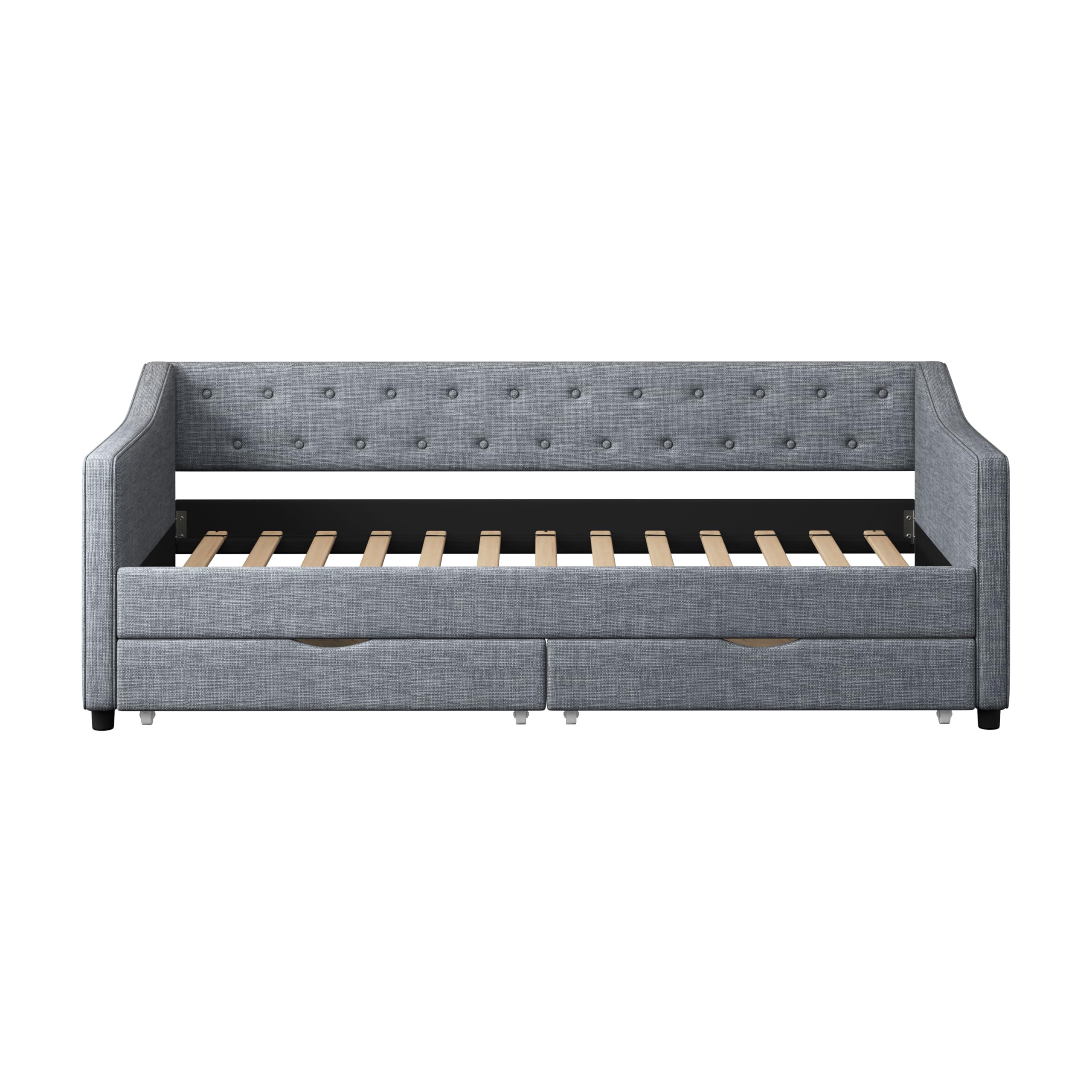 Jintop Twin Size Upholstered Daybed with 2 Drawers and Button Tufted Back,Elegant Wood Storage Sofa Bed Frame w/Waved Shape Arms,Slat Support,for Apartment,Bedroom,Light Grey