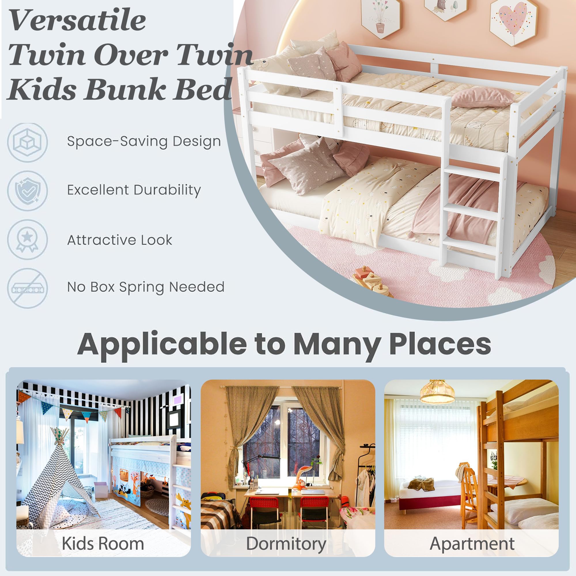 Bunk Bed Twin Over Twin, Floor Bunk Bed with Ladder, Solid Rubber Wooden Low Twin Bunk Beds for Kids Teens , Ideal for Multiple-Child Family, Apartment, Dormitory, No Box Spring Needed,White