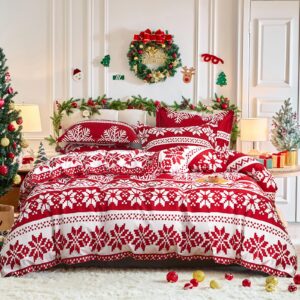 christmas duvet cover set queen size, red and white snowflake xmas holiday pattern design, soft microfiber duvet cover with zipper closure, includes 1 duvet cover and 2 pillow shams