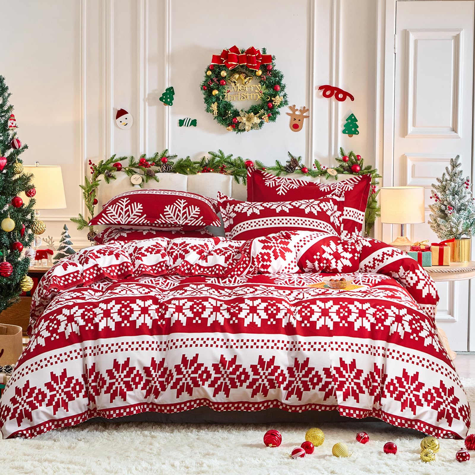 Christmas Duvet Cover Set Queen Size, Red and White Snowflake Xmas Holiday Pattern Design, Soft Microfiber Duvet Cover with Zipper Closure, Includes 1 Duvet Cover and 2 Pillow Shams