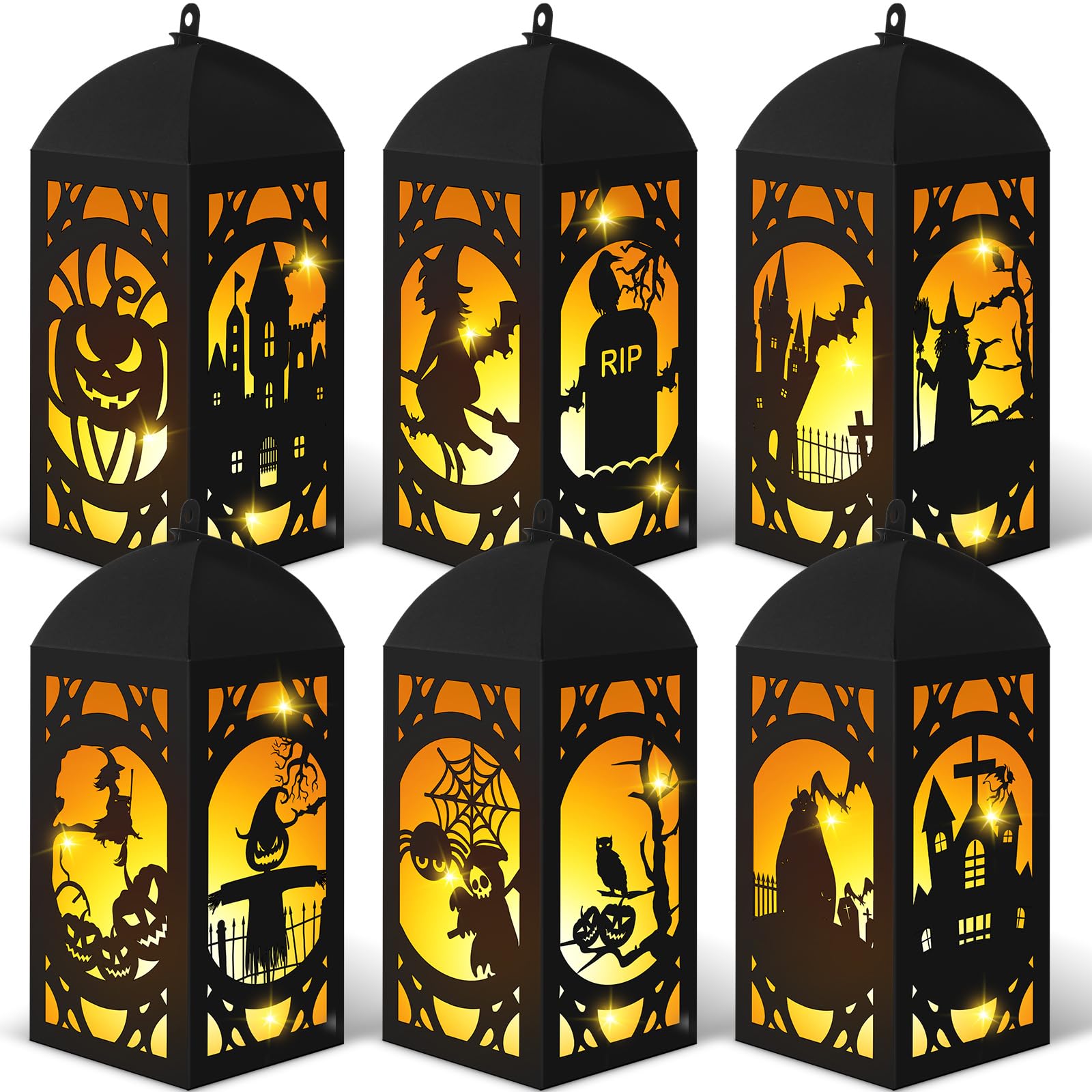 Glooglitter 6 Pcs Halloween Paper Lantern Halloween Table Centerpieces Spooky Halloween Lanterns with LED String Lights Spooky Skeleton Owl Bat Castle Pumpkin Party Decoration