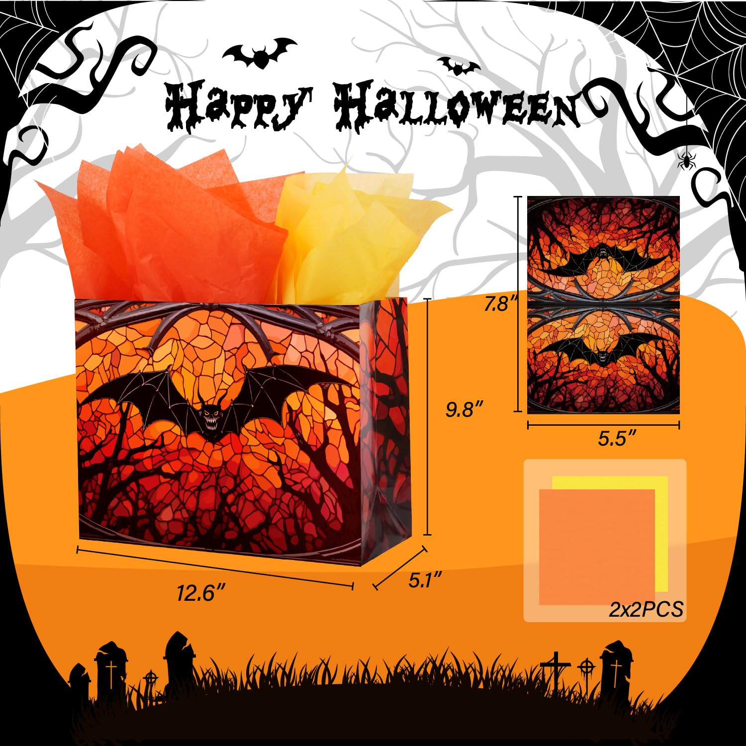 Linelglobal Halloween Bag with Wrapping Paper for Gift Wrapping, Kid Trick or Treat Bat 12.6" 2 Pack