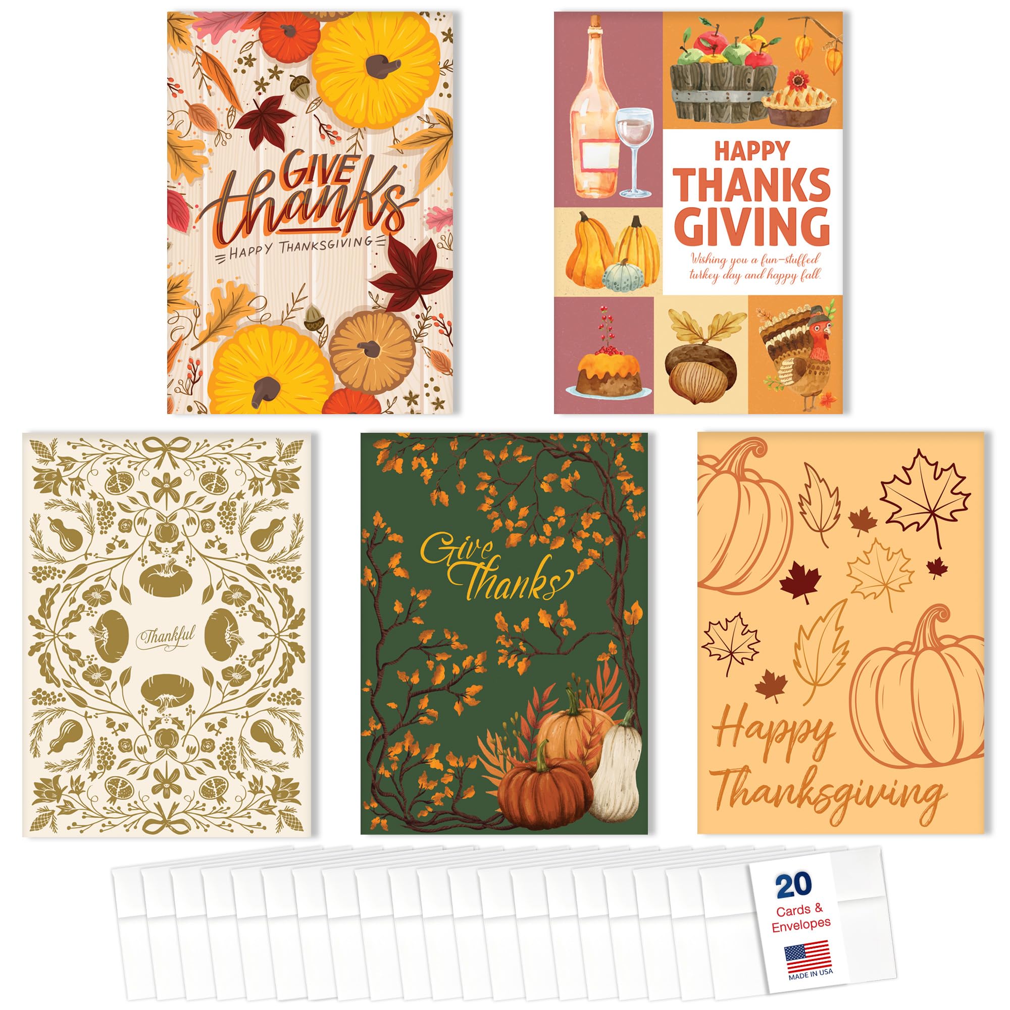 Thanksgiving Cards for Business & Family (Variety Pack of 5 Designs of Thanks) Greeting Card Set Pack of 20 Thanksgiving Cards with Envelopes (5x7 inch - A7) Office, Work, Employees & Clients VP2403