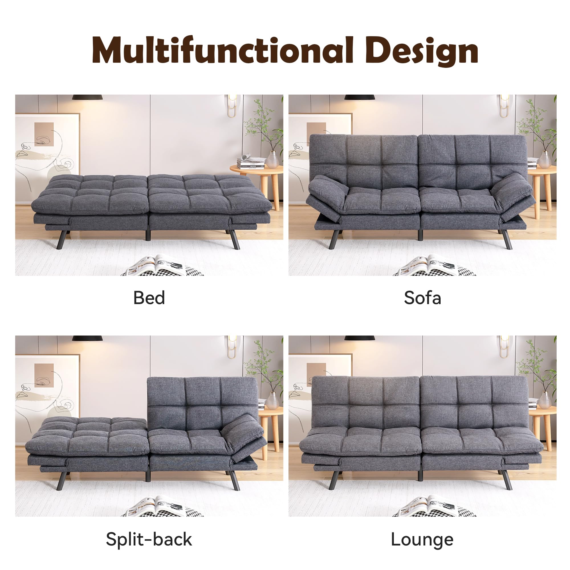 AMICLIBER Futon Sofa Bed, Grey Linen Memory Foam Futon Sleeper Sofa Loveseat Convertible Couch Bed for Small Compact Living Spaces,Apartment