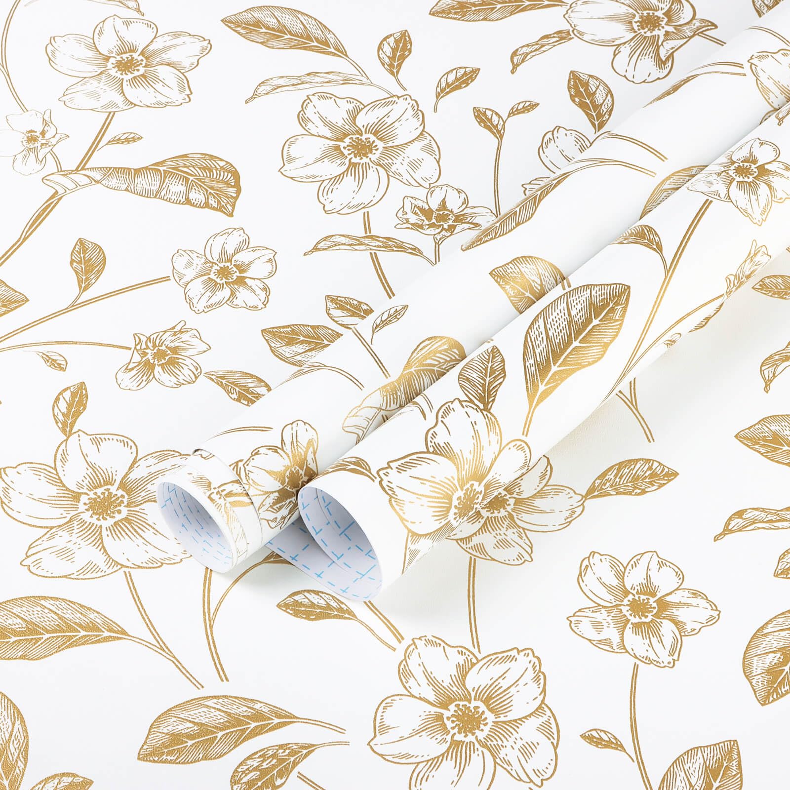 Heroad Brand Floral Peel and Stick Wallpaper Boho Contact Paper White and Gold Leaf Wallpaper Clearance Peel and Stick Wallpaper for Cabinets Shelf Liner Vinyl Roll Self Adhesive 78.7"x17.3"