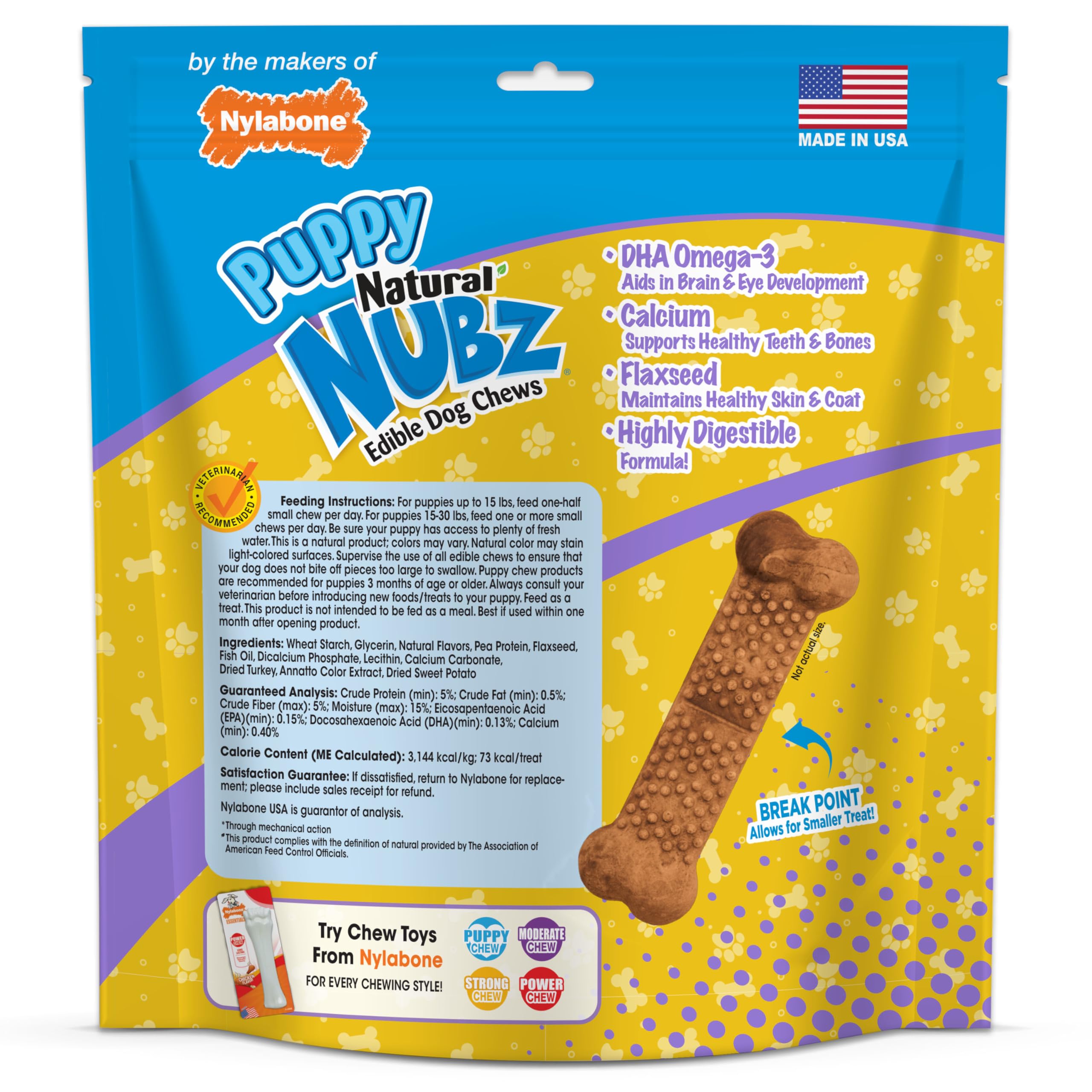 Nylabone Nubz Natural Edible Chew Treats for Puppies, Long Lasting Chews Made in USA, Turkey & Sweet Potato Flavor, Small - Up to 25 lbs. (28 Count)