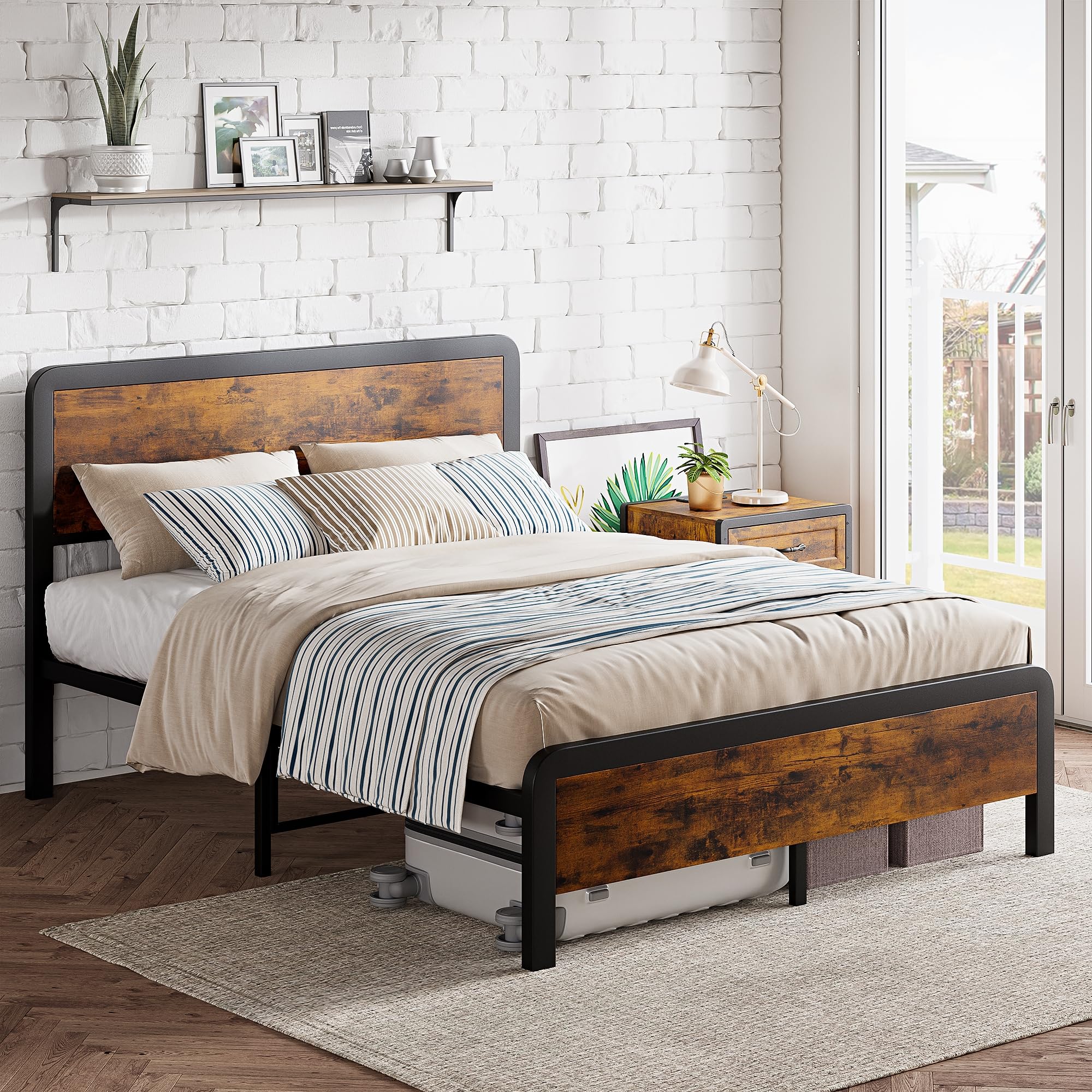 GarveeHome Queen Bed Frame with Headboard, Industrial Metal Platform Bed Frame, Rounded Corners, No Box Spring Needed, Noise Free, Rustic Brown