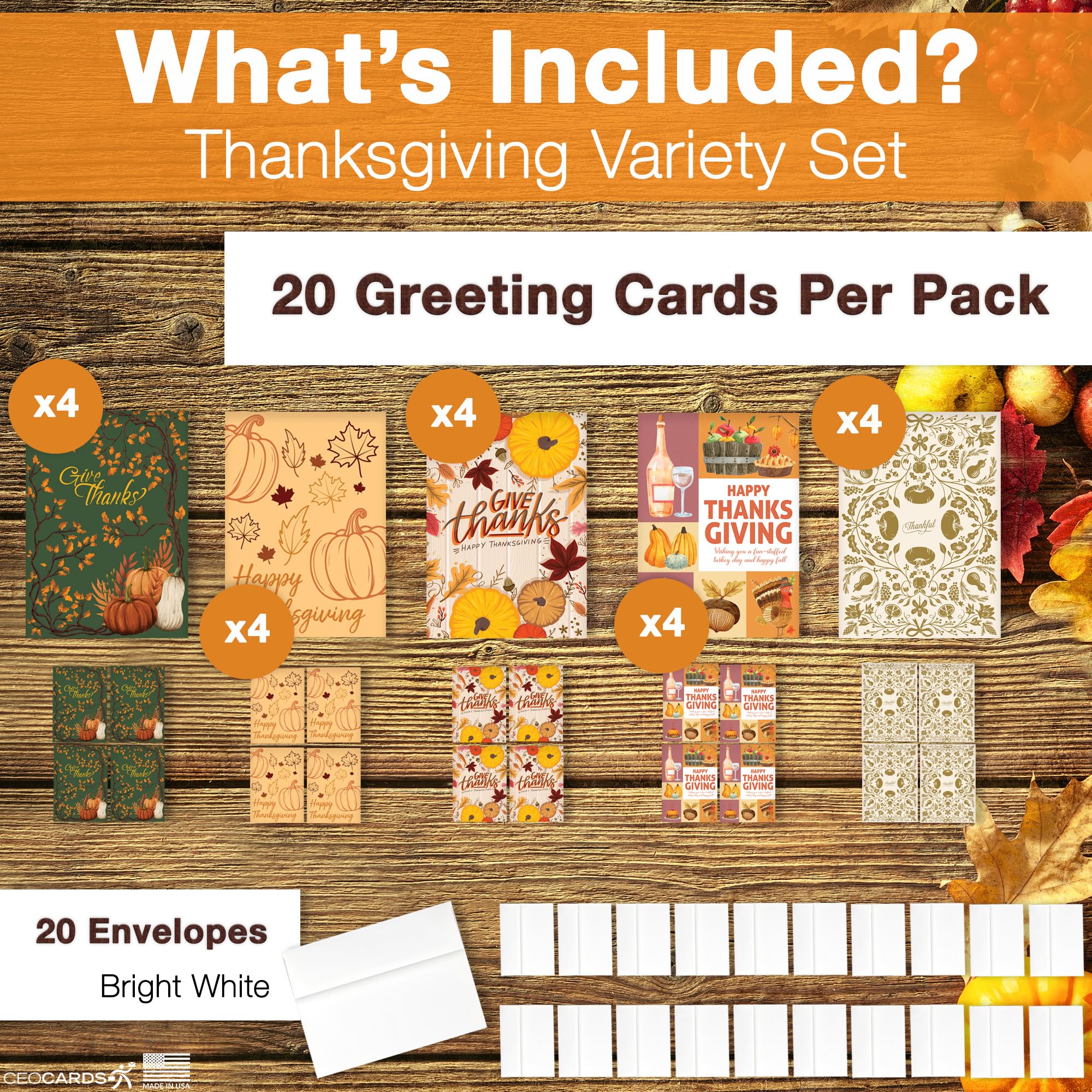 Thanksgiving Cards for Business & Family (Variety Pack of 5 Designs of Thanks) Greeting Card Set Pack of 20 Thanksgiving Cards with Envelopes (5x7 inch - A7) Office, Work, Employees & Clients VP2403