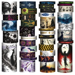 mpopuul washi tape set 37 rolls - witches theme colored decorative adhesive tape for journaling, vintage artists tape for junk journaling supplies, scrapbooking, diy crafts, gift wrapping, planner