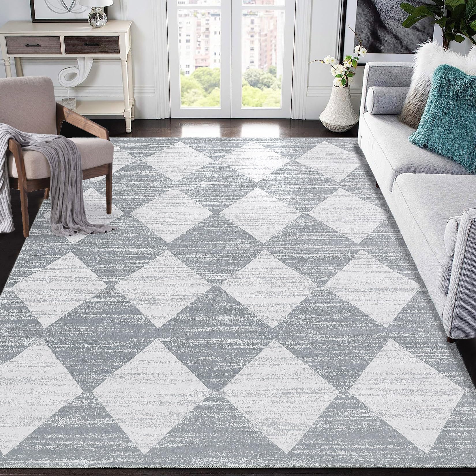 COZYLOOM 9x12 Area Rug Washable Rugs for Bedroom Office Nursery Geometric Checkered Accent Rugs Modern Trellis Living Room Rug Distressed Neutral Soft Rug Non Slip Farmhouse Floor Cover Grey