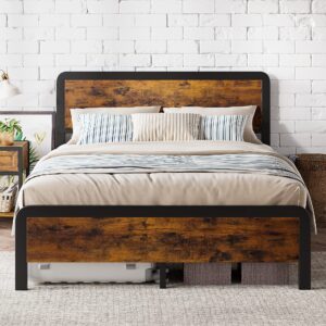 GarveeHome Queen Bed Frame with Headboard, Industrial Metal Platform Bed Frame, Rounded Corners, No Box Spring Needed, Noise Free, Rustic Brown