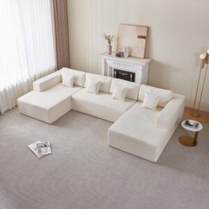 YOOBECH U Shape Sectional Sofa Couch 6 Seat Sofa Set with Double Chaise Chenille Fabric Modular Sectional Couch for Living Room - Beige