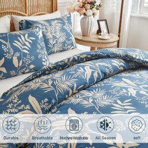 OLDBIAO Botanical Duvet Cover Set King Size, 3 Pieces Blue Floral Leaf Pattern Bedding Set with 2 Pillow Shams, Farmhouse Style Soft Microfiber Comforter Cover Set for All Season Use