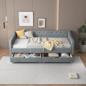 Jintop Twin Size Upholstered Daybed with 2 Drawers and Button Tufted Back,Elegant Wood Storage Sofa Bed Frame w/Waved Shape Arms,Slat Support,for Apartment,Bedroom,Light Grey