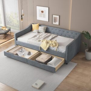 Jintop Twin Size Upholstered Daybed with 2 Drawers and Button Tufted Back,Elegant Wood Storage Sofa Bed Frame w/Waved Shape Arms,Slat Support,for Apartment,Bedroom,Light Grey