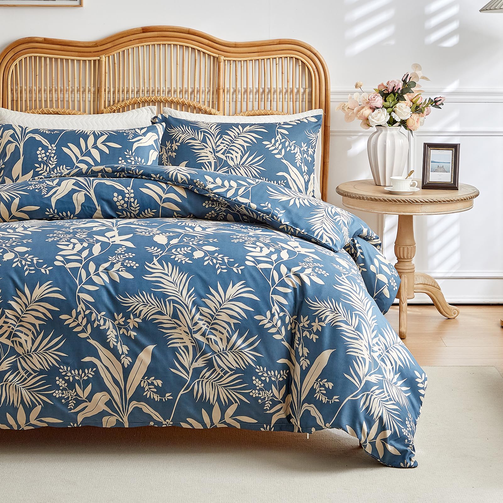 OLDBIAO Botanical Duvet Cover Set King Size, 3 Pieces Blue Floral Leaf Pattern Bedding Set with 2 Pillow Shams, Farmhouse Style Soft Microfiber Comforter Cover Set for All Season Use