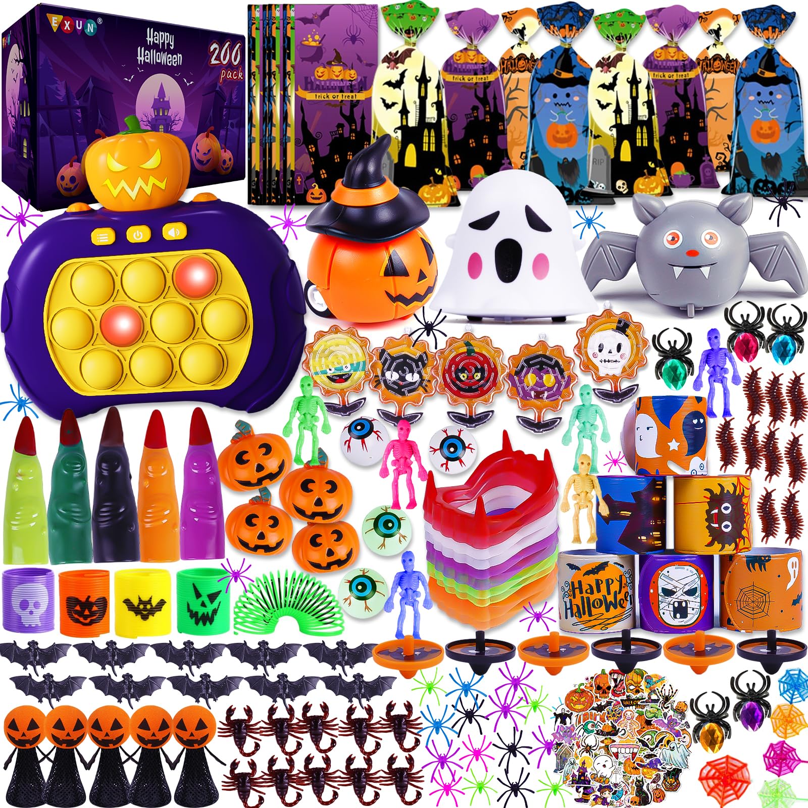 Exun 200PCS Halloween Party Favors, Bulk Halloween Toys for Treats, Non-Candy Classroom Prizes, Goodie Bag Stuffers, Pinata Fillers, Ideal Halloween Gifts for Kids, Teens, and Toddlers