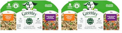 Greenies Smart Topper High Protein Wet Mix-in for Dogs, Chicken, Peas, Apples, and Brown Rice Recipe & Duck, Broccoli, Carrots and Barley Recipe Variety Pack with Whole Grains, 2oz. 8 Trays