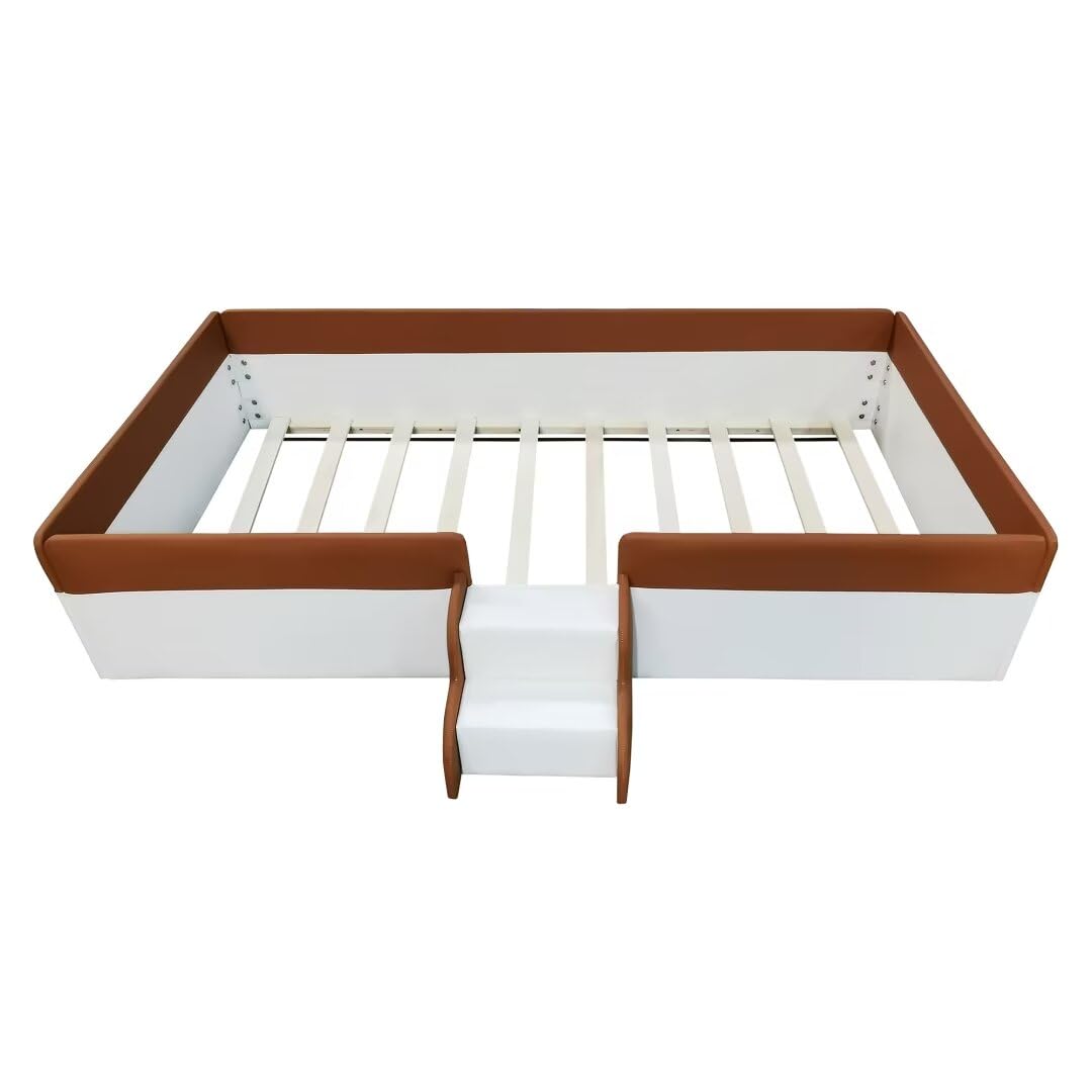 JIJIWANG Twin Size Soft Floor Bed with Stairs, PU Leather Upholstered Grounded Daybed, Low Profile Bed with Slat Support for Kids Boys Girls Teens Adults,（Brown+White）