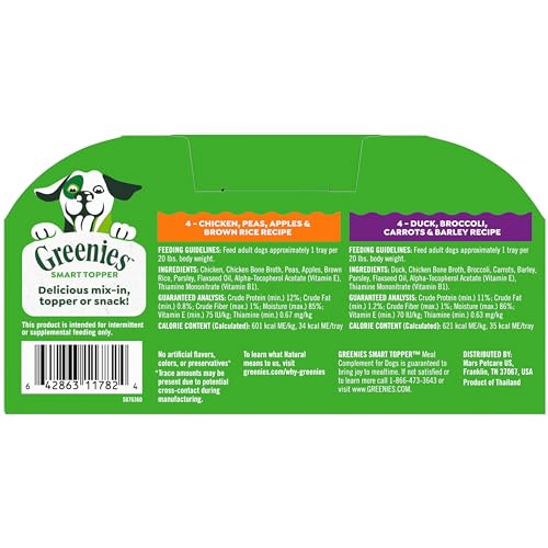 Greenies Smart Topper High Protein Wet Mix-in for Dogs, Chicken, Peas, Apples, and Brown Rice Recipe & Duck, Broccoli, Carrots and Barley Recipe Variety Pack with Whole Grains, 2oz. 8 Trays