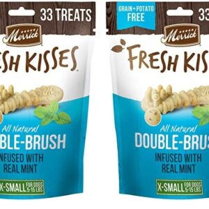 Merrick Fresh Kisses Natural Dental Chews Toothbrush Treat Shape Infused with Real Mint for Tiny Dogs 5-15 Lbs - 33 ct. Bag (Pack of 2)