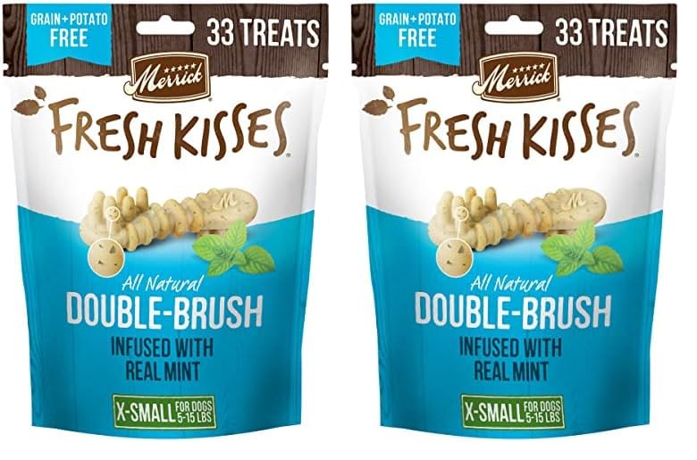 Merrick Fresh Kisses Natural Dental Chews Toothbrush Treat Shape Infused with Real Mint for Tiny Dogs 5-15 Lbs - 33 ct. Bag (Pack of 2)