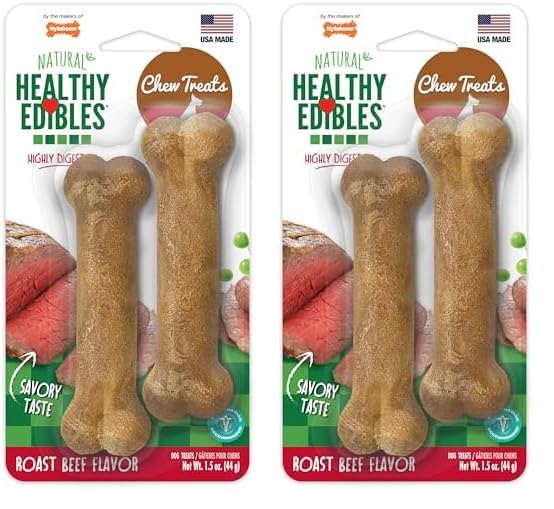 Nylabone Healthy Edibles Natural Dog Chews Long Lasting Roast Beef Flavor Treats for Dogs, X-Small/Petite (2 Count) (Pack of 2)