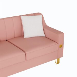 VLUOO 58” Velvet Pink Sofa Couch with Gold Accents, 2-Seat Modern Velvet Loveseat Sofa with Plush Cushions, Perfect for Living Room and Office