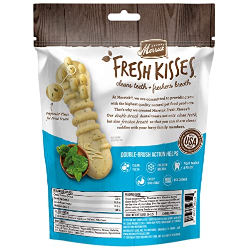 Merrick Fresh Kisses Natural Dental Chews Toothbrush Treat Shape Infused with Real Mint for Tiny Dogs 5-15 Lbs - 33 ct. Bag (Pack of 2)