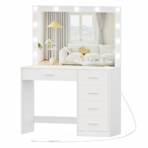 Irontar Vanity Desk with Charging Station, Makeup Table with Large Mirror, Makeup Vanity with Lights, Brightness Adjustable, Dressing Table Desk with 5 Drawers, Bedroom Vanity Table, White WDT010W