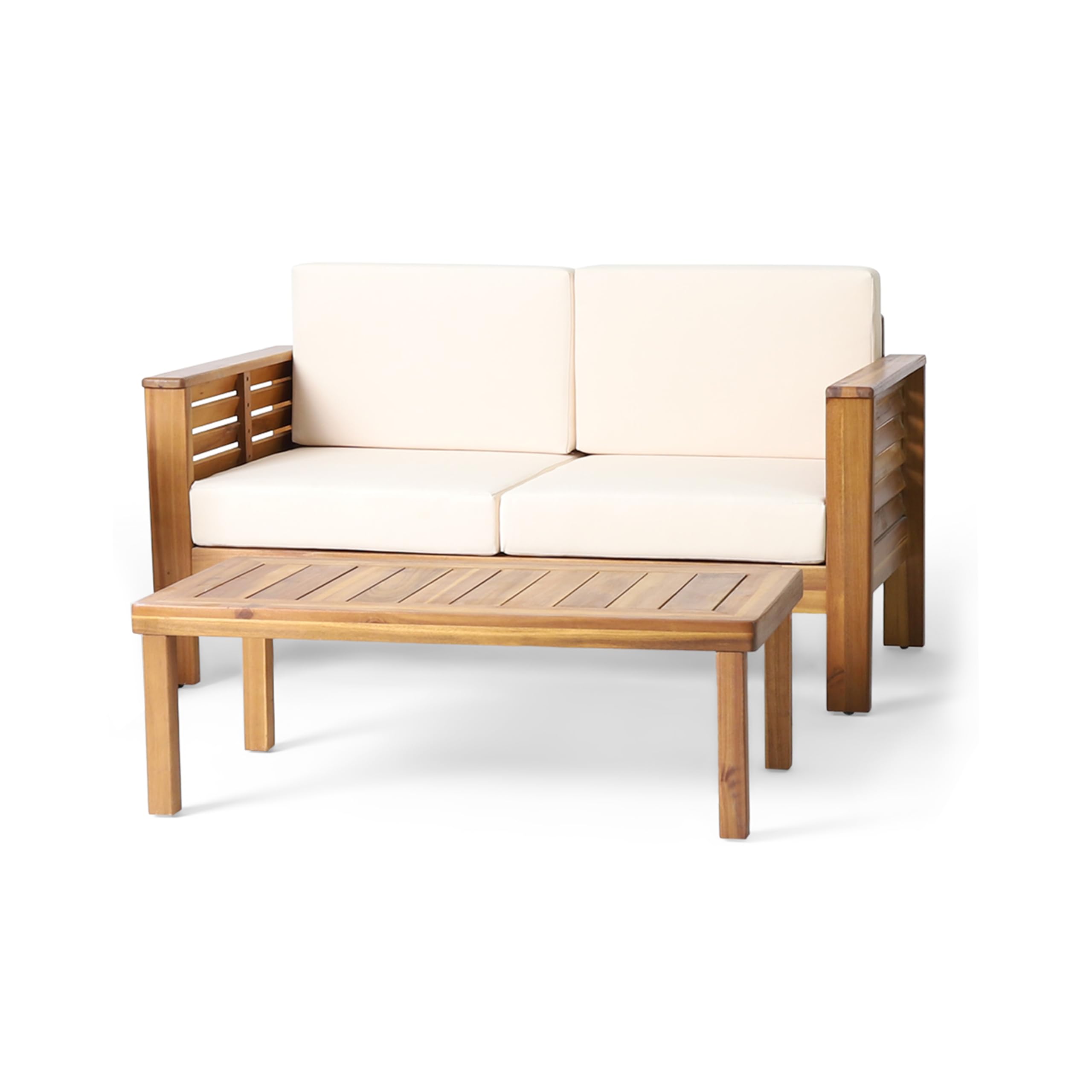 Christopher Knight Home Louver Outdoor Acacia Wood Loveseat and Coffee Table Set with Cushions, 40 "W x 20 "D x 13.75 "H, Teak + Cream