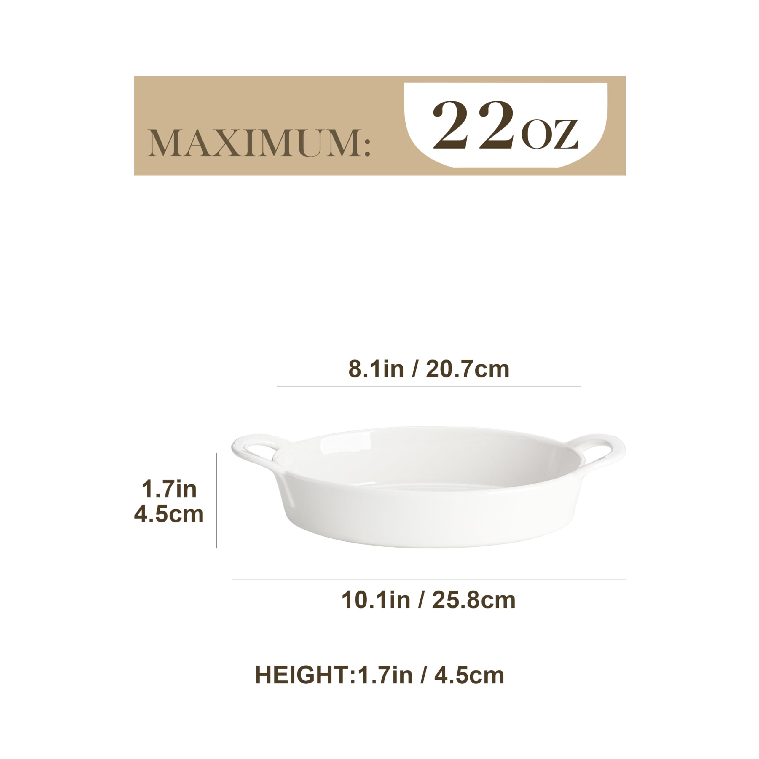 MALACASA Oval Au Gratin Baking Dish, 22 oz Casserole Dishes for Oven Safe, Ceramic Mini Baking Pan with Handles, Set of 4 Small Au Gratin Pans for Roasting, Lasagna, Pie, Baking Meat & Vegetables, White