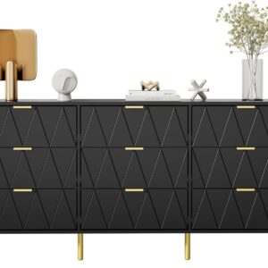 UEV Black Dresser for Bedroom,Modern 9 Drawer Triple Dresser with Gold Accents,Long Storage Dresser for TV Stand & Closet,Large Chest of Drawers for Living Room,Hallway,Entryway