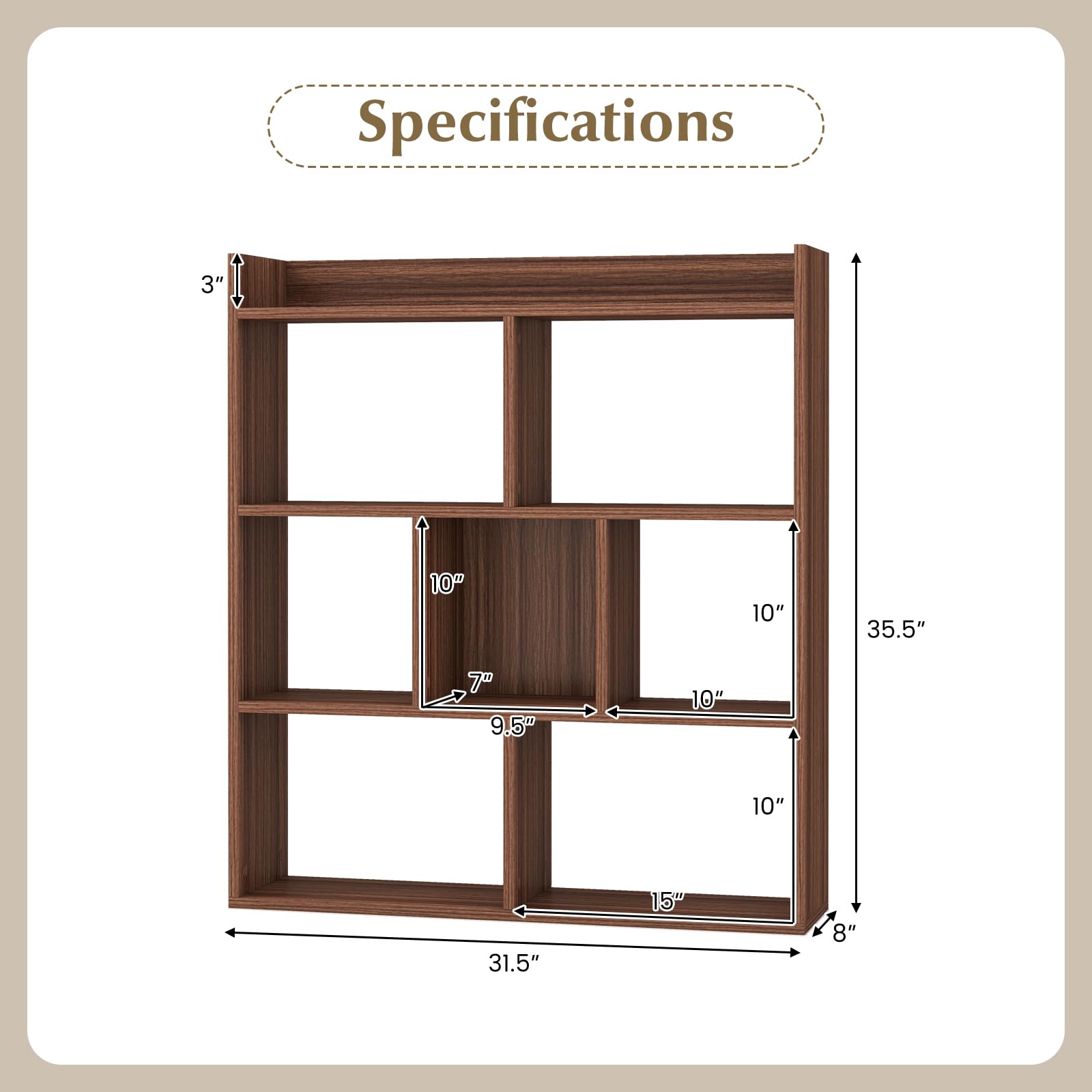 Giantex 7 Cube Bookshelf, Free-Standing Wooden Bookcase, 4 Tier Home Display Shelf, Horizontal Storage Unit w/Anti-Toppling Devices, Open-Back Display Rack for Study, Bedroom, Living Room, Walnut