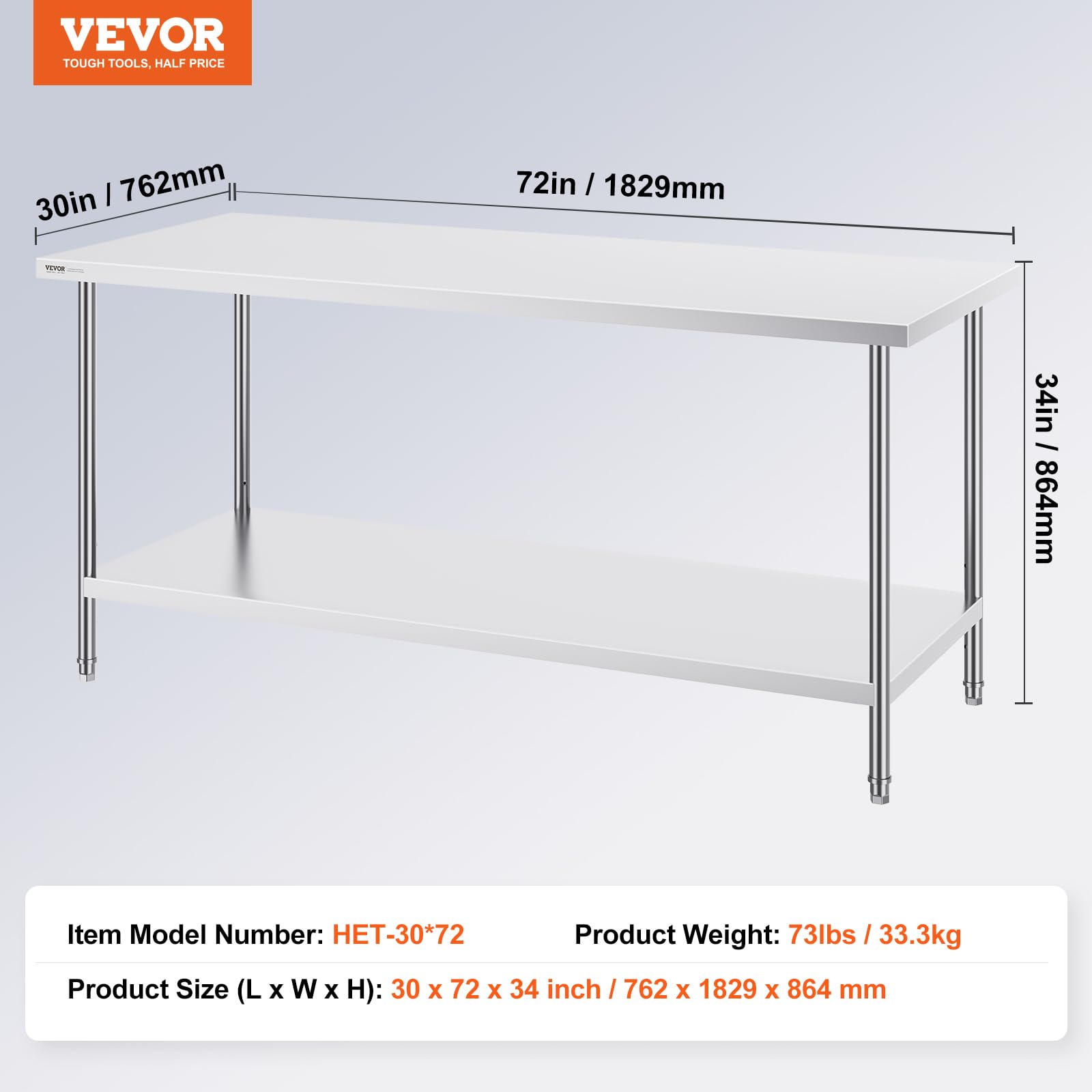 VEVOR Stainless Steel Prep Table, 30 x 72 x 34 Inch, 920 lbs Load Capacity, Heavy Duty Metal Worktable with 3 Adjustable Height Levels, Commercial Workstation for Kitchen Garage Restaurant Backyard