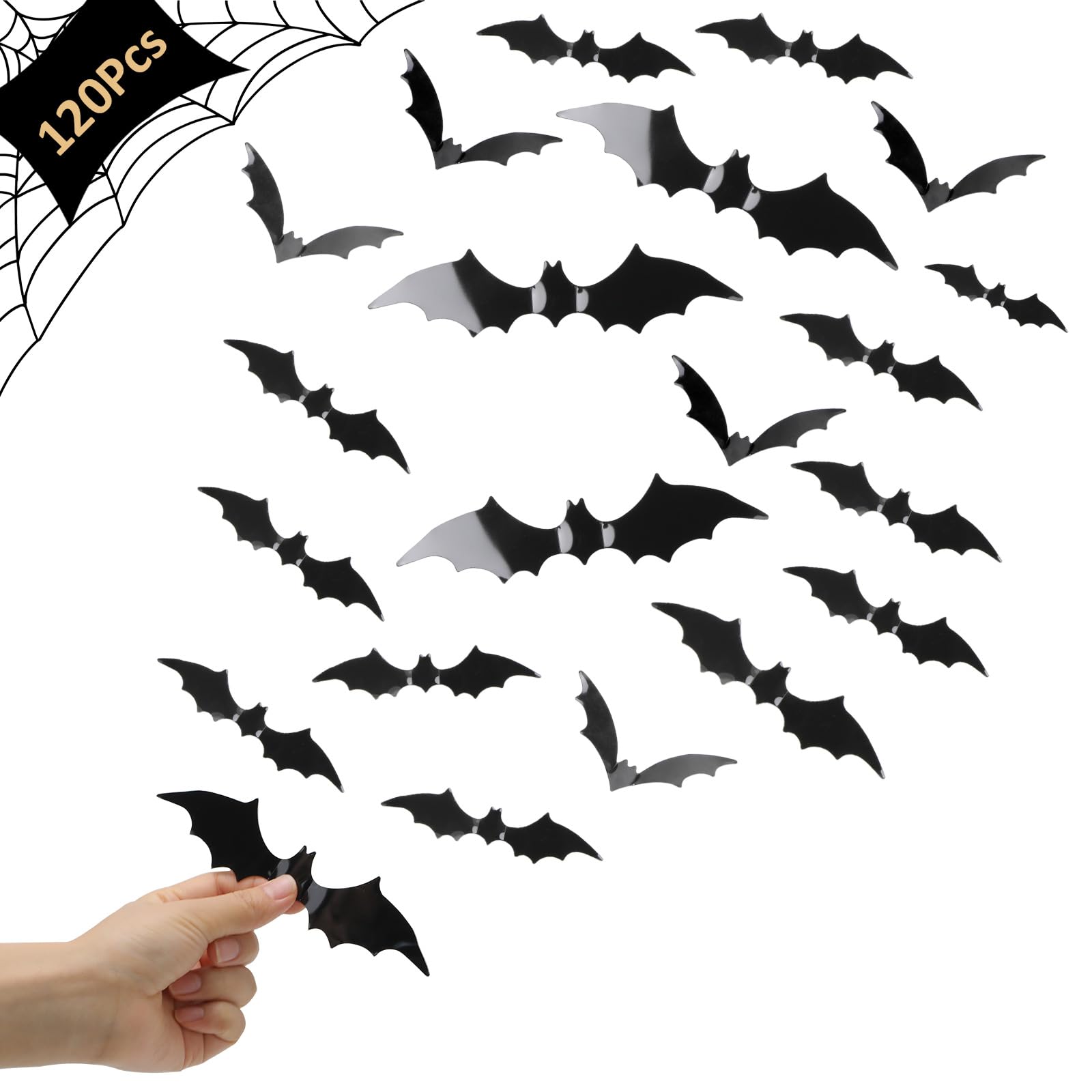 HeyMate DIY Halloween Decoration Bats Stickers, 120 Pcs 3D Bats Wall Decor Halloween Party Supplies PVC Black Spooky Bat for Indoor Outdoor