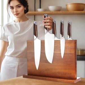 Modern Acacia Magnetic Knife Block Holder 14 x 10 Inches, Large Dual-Sided Strong Magnet Wood knives Stand, Luxurious Kitchen Counter Rack Organizer for a Stable and Stylish Cutlery Display