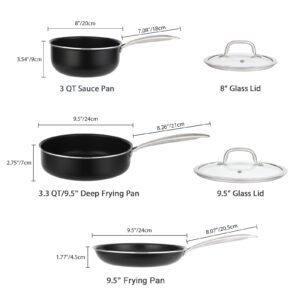 Induction Pots and Pans Set, 5 Pcs Non Stick Cookware Set with Stainless Steel Handle, Non Toxic Kitchen Cookware Sets For Oven & Dishwasher Safe,100% PFOA Free, Black