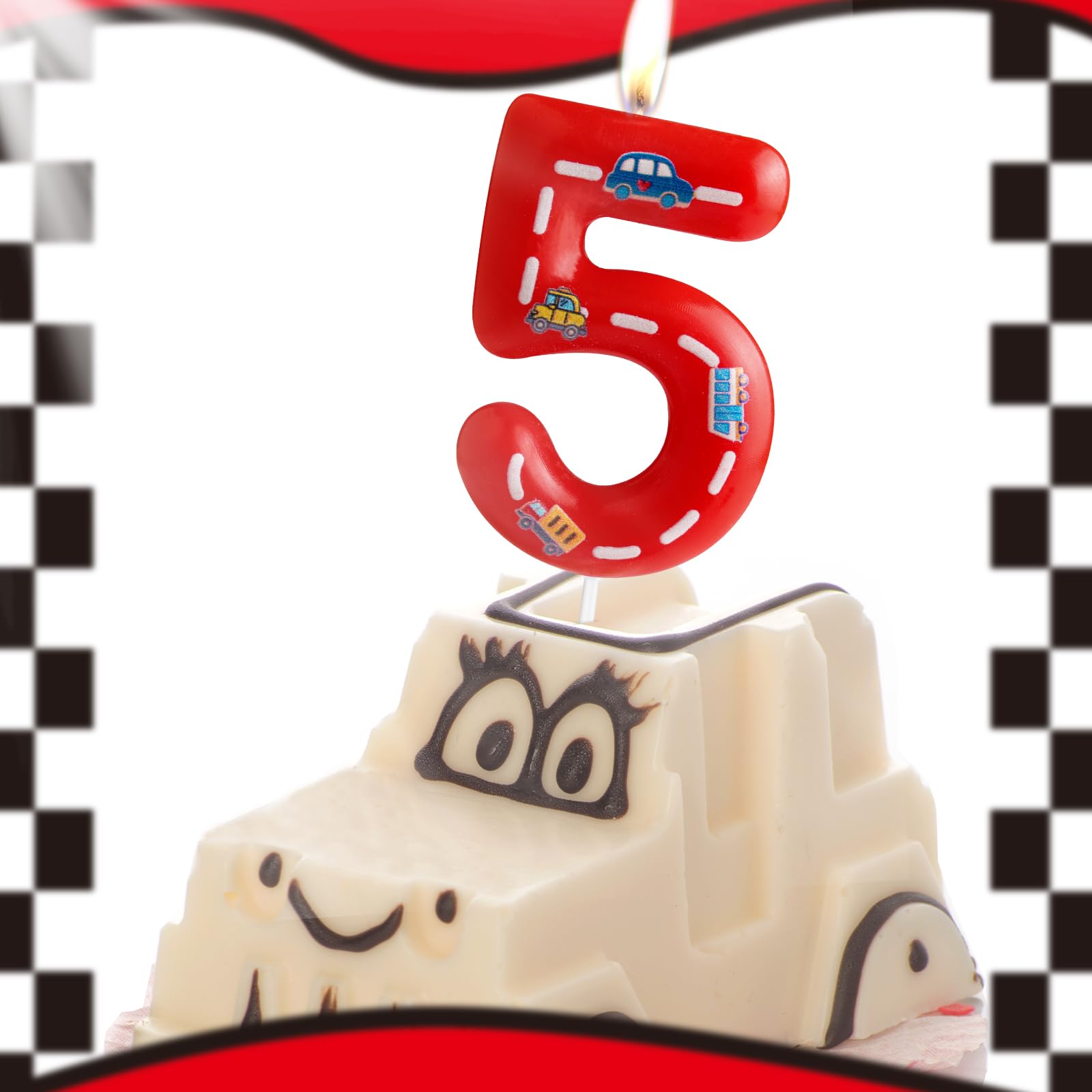 FUNCANDLE Racing Cars Birthday Candles,Red and White Stripes Number 2 Candles,Happy Birthday Candle Cars Cake Topper for Boys Girls Racing Car Traffic Theme Party Supplies Birthday Gifts