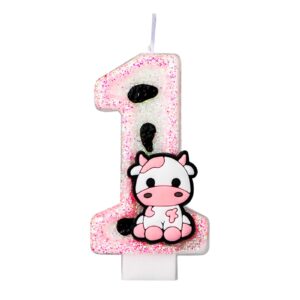 cow birthday cake candle, pink cow sparkling birthday candle cute cow print number candle cake topper candle birthday cake decorations cow print birthday decorations (1)