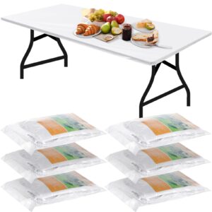 boao 6 pcs disposable plastic tablecloth parties picnic table covers with elastic fitted elastic plastic table cover rectangle waterproof for indoor, outdoor, picnic, camping (white,72 x 30 inch)