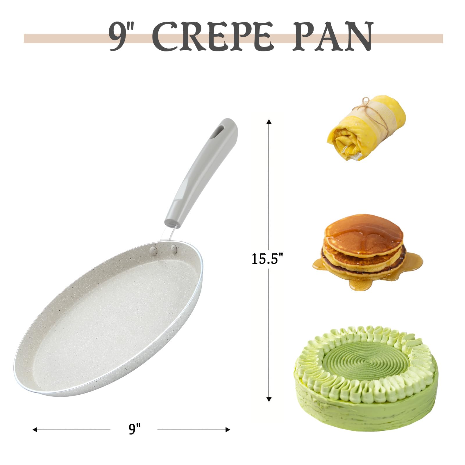 FORBAKE 9 Inch Crepe Pan with Spreader & Spatula, 2 Set Nonstick Granite Coating Dosa Pan, Aluminum Alloy Pancake Flat Skillet Tawa Griddle, Stay-Cool Handle, Induction Compatible Bottom