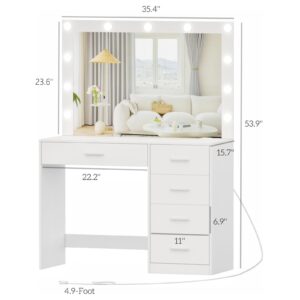 Irontar Vanity Desk with Charging Station, Makeup Table with Large Mirror, Makeup Vanity with Lights, Brightness Adjustable, Dressing Table Desk with 5 Drawers, Bedroom Vanity Table, White WDT010W